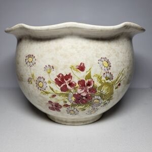 Vintage Handmade Italian Ceramic Planter Pot With Hand-Painted Floral Motif